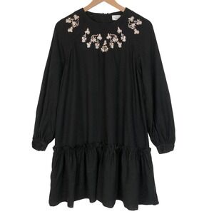 Paris Atelier & Other Stories Black Embroidered Dress Sz 6 Long Sleeve Mini